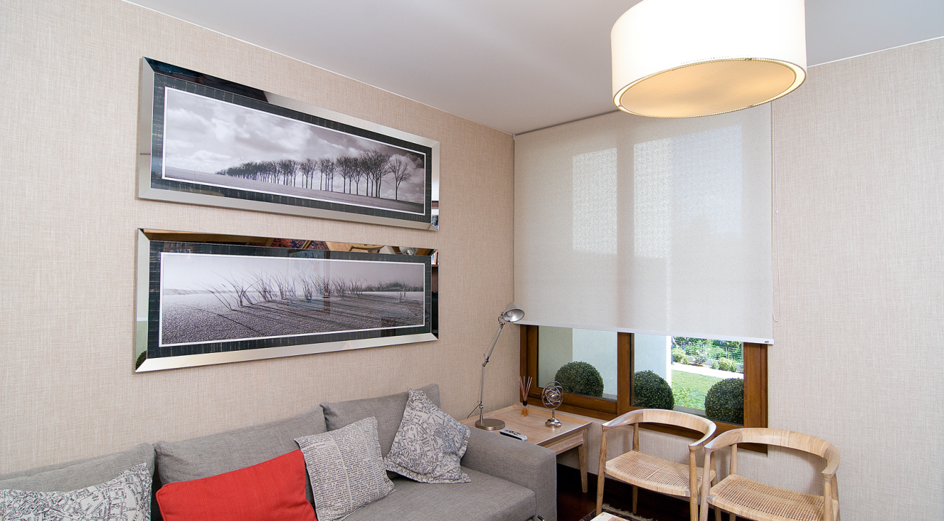 Sala de estar acogedora decorada con cortinas Roller Quantum